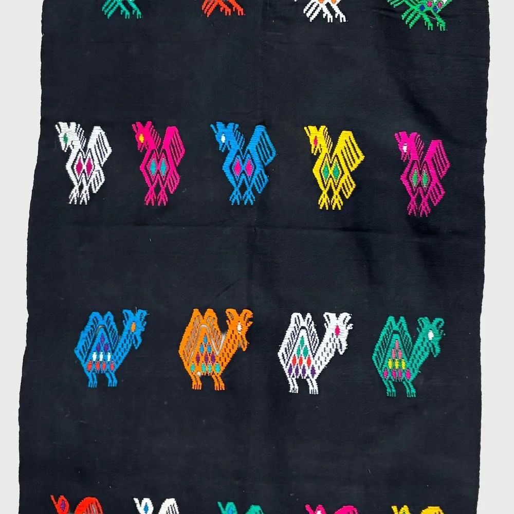 VTG Handwoven Guatemalan Embroidered Bird Textile Fringe Tapestry Runner Rainbow